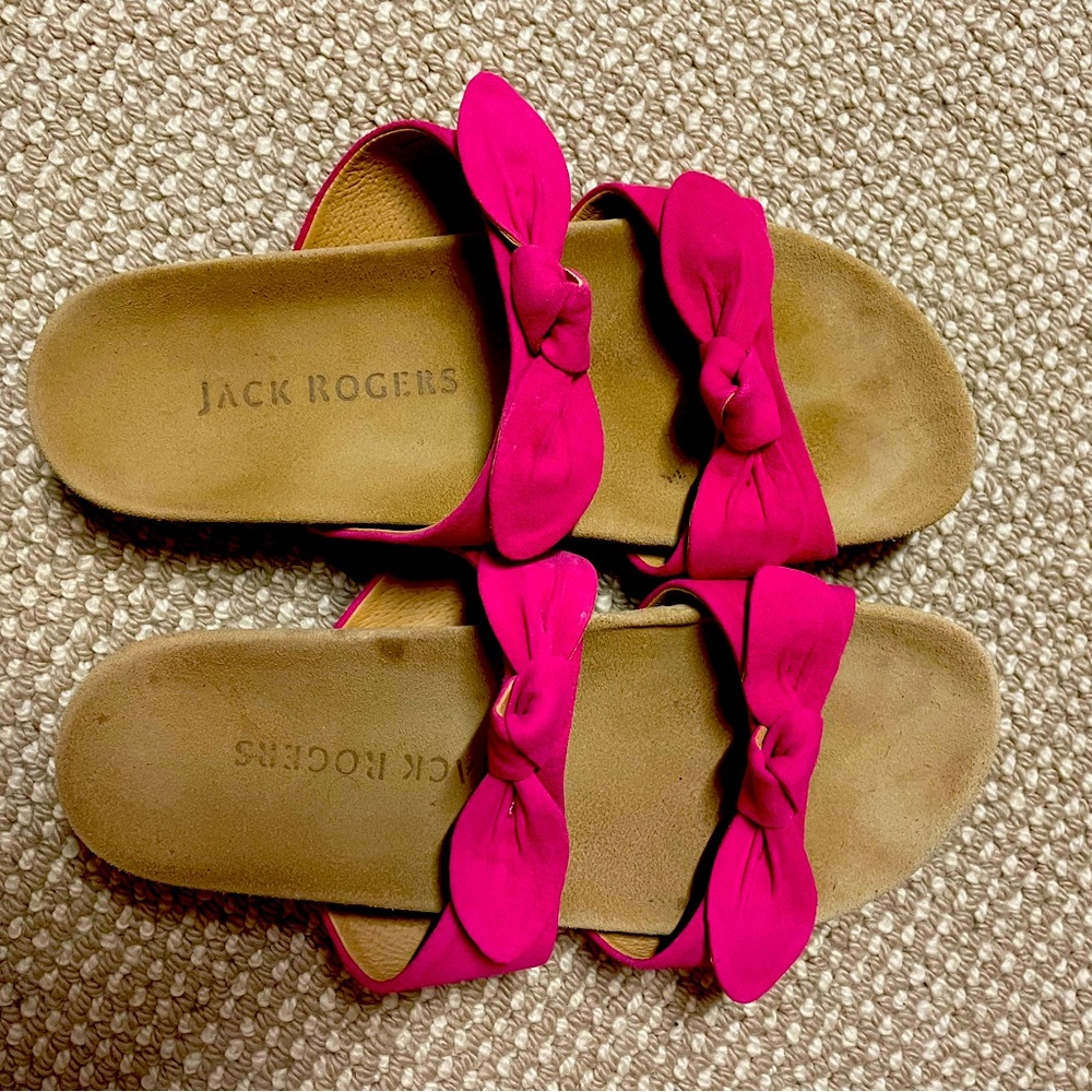Jack Rogers two-strap pink suede bow sandals